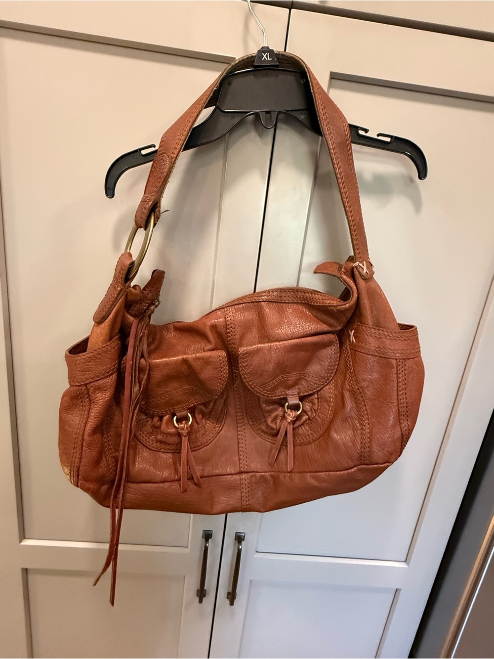 Lucky Brand Tan Brown Leather Shoulder Bag with Front Pockets